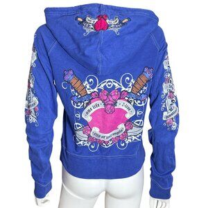 One Life City of Lost Angels Hoodie Women’s M Blue Zip-Up Embroidered Graphic Ta